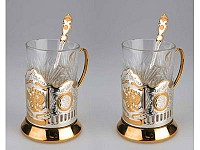 Набор: 2 стакана с подстаканниками «Герб России» Gold